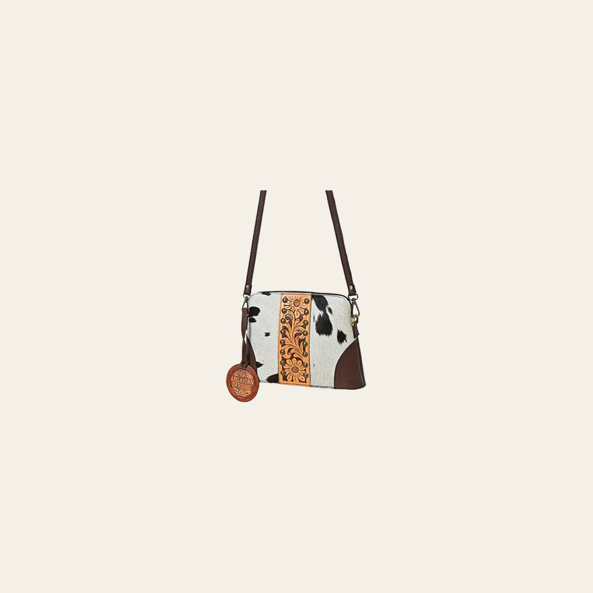 American Darling Cross body Bag Hand Tooled Floral Carved Cowhide Genuine Leather Western Purse with Rivets and YKK Zipper
