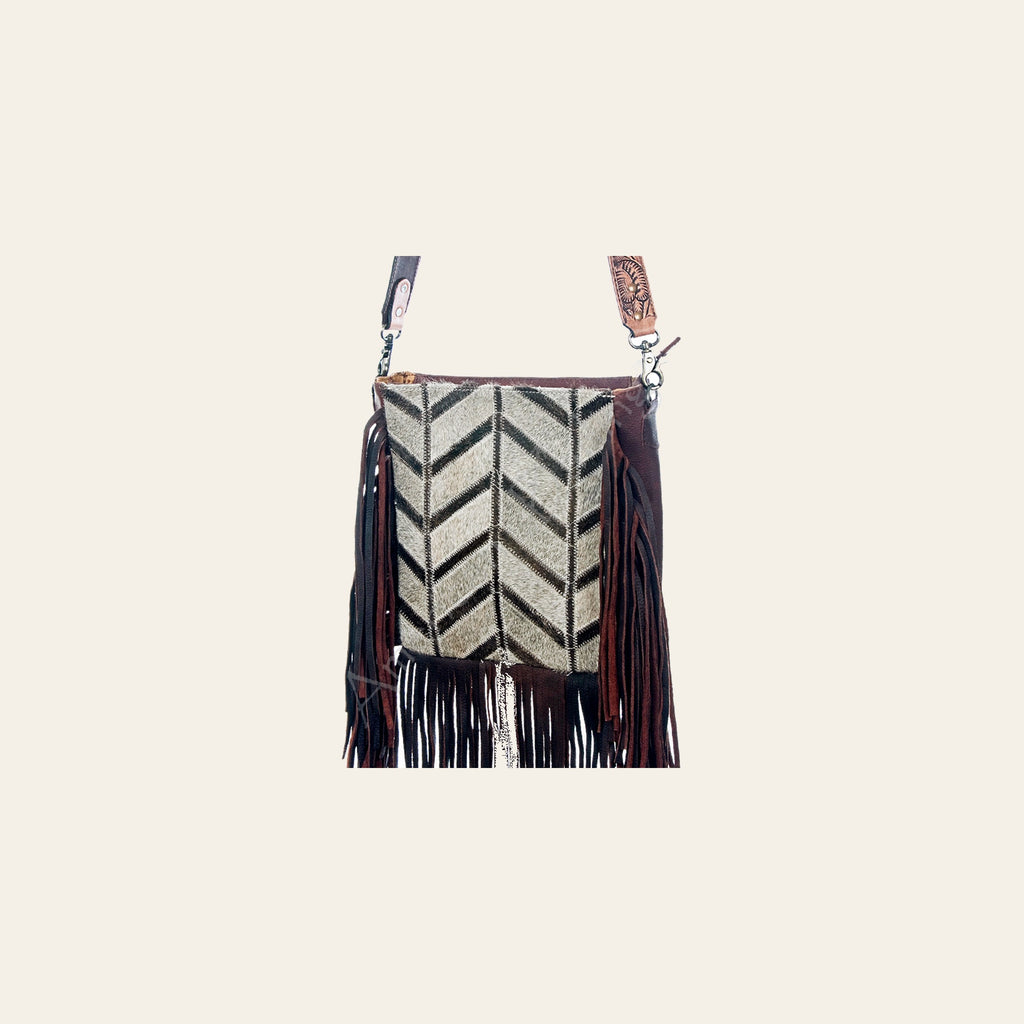 American Darling Large Cross body Bag Hair-On Cowhide Genuine Leather Western Purse with Fringes and Tooled Strap