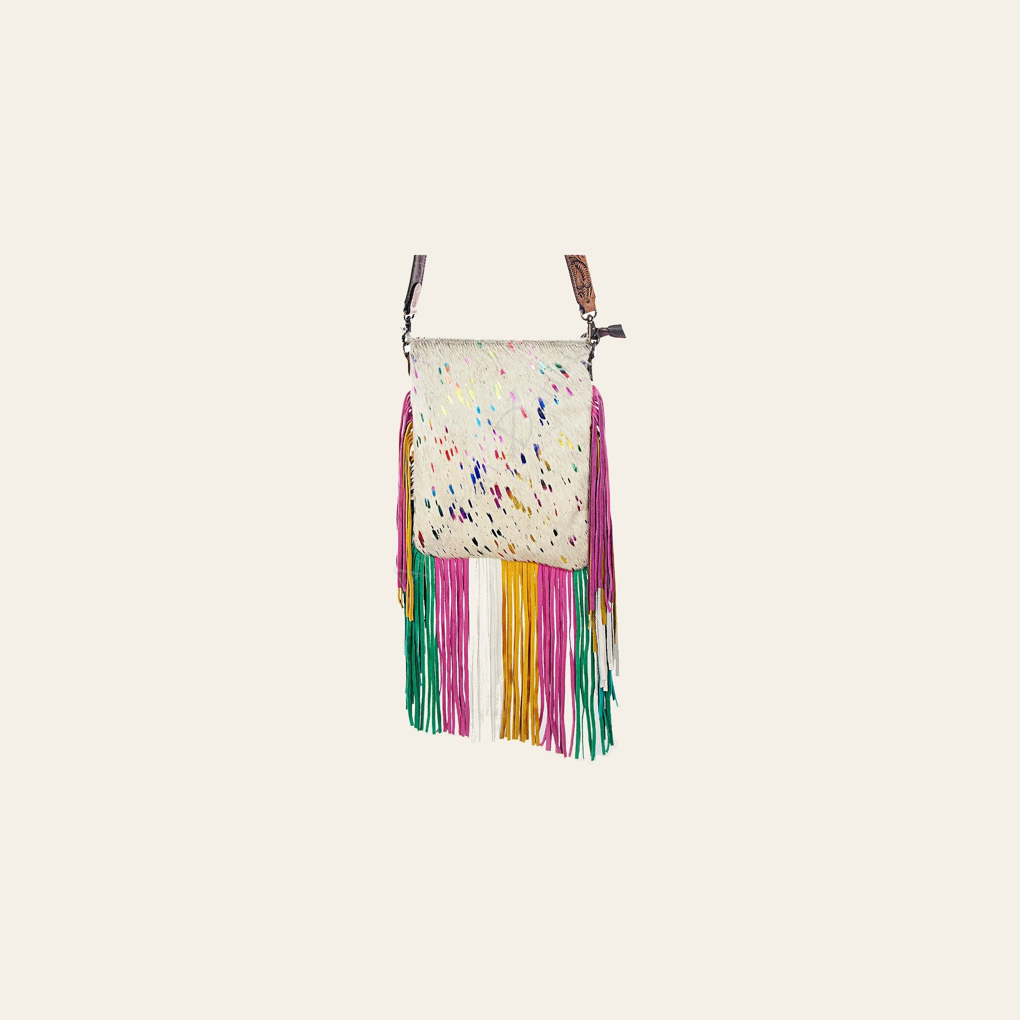 American Darling Large Cross body Bag Hair-On Cowhide Genuine Leather Western Purse with Fringes and Tooled Strap
