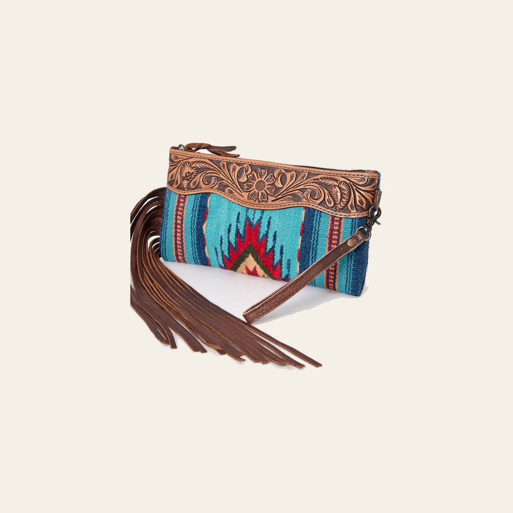 American Darling Wristlet Bag Hand Tooled Floral Carved Saddle Blanket Genuine Leather Western Purse with Fringes