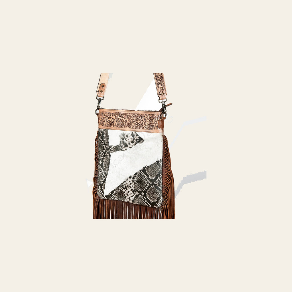 American Darling Large Cross body Bag Hand Tooled Floral Carved Cowhide Genuine Leather Western Purse with Fringes