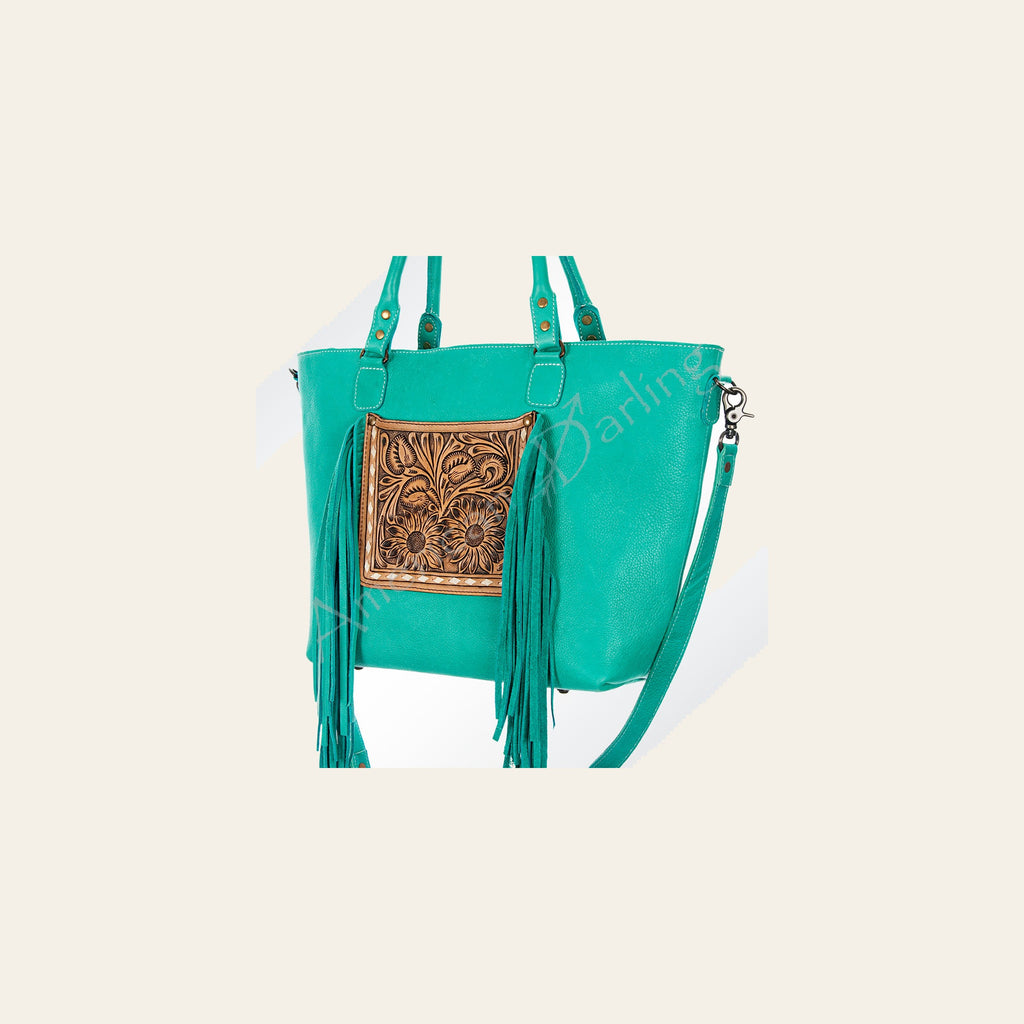 American Darling Tote Bag Hand Tooled Floral Carved Genuine Leather Western Purse with Fringes & YKK Zipper