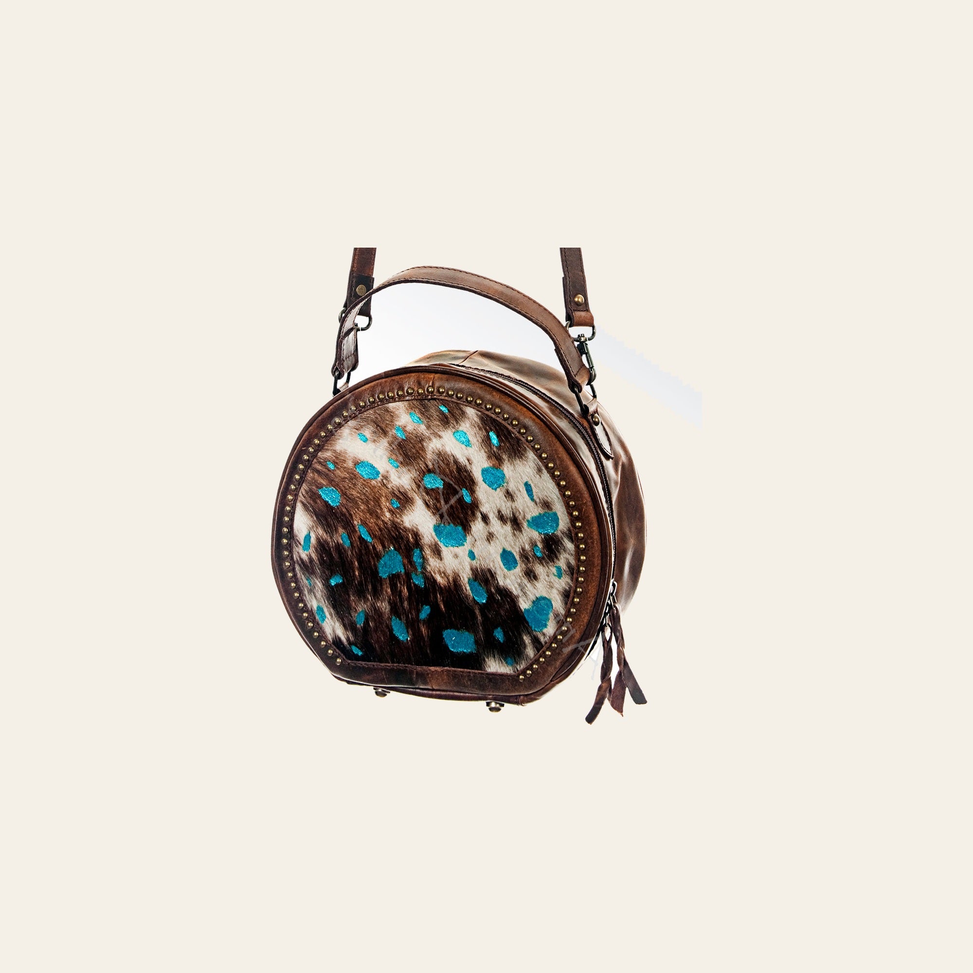 American Darling Canteen Bag Western Hair-On Cowhide Genuine Leather Round Crossbody Purse with Rivetted Detail for Women