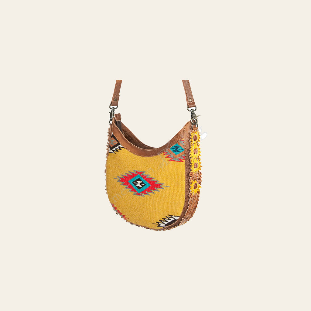 American Darling Hobo Bag, Hand Tooled Floral Carved Vegetable-Tanned Leather, Hand Woven Saddle Blanket Western Shoulder Bag
