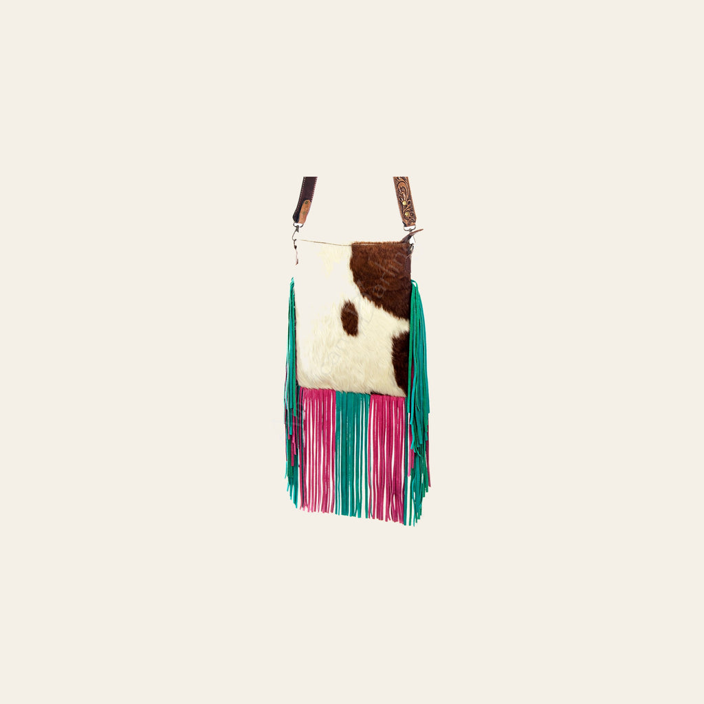 American Darling Large Cross body Bag, Hand Tooled Floral Carved Strap Vegetable-Tanned Leather, Hair-On Cowhide Western Fringed Bag