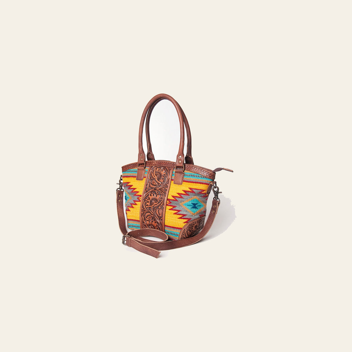 American Darling Tote Bag for Women, Hand Tooled Floral Leather & Woven Saddle Blanket Western Bag with YKK Zipper