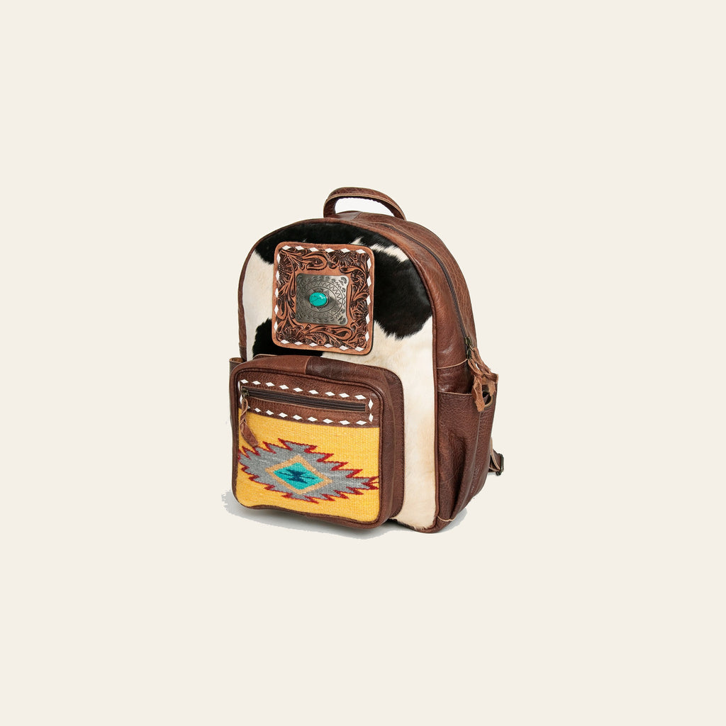 American Darling Backpack for Women, Hand Tooled Floral Leather & Hair-On Cowhide Western Bag, Woven Saddle Blanket & YKK Zipper