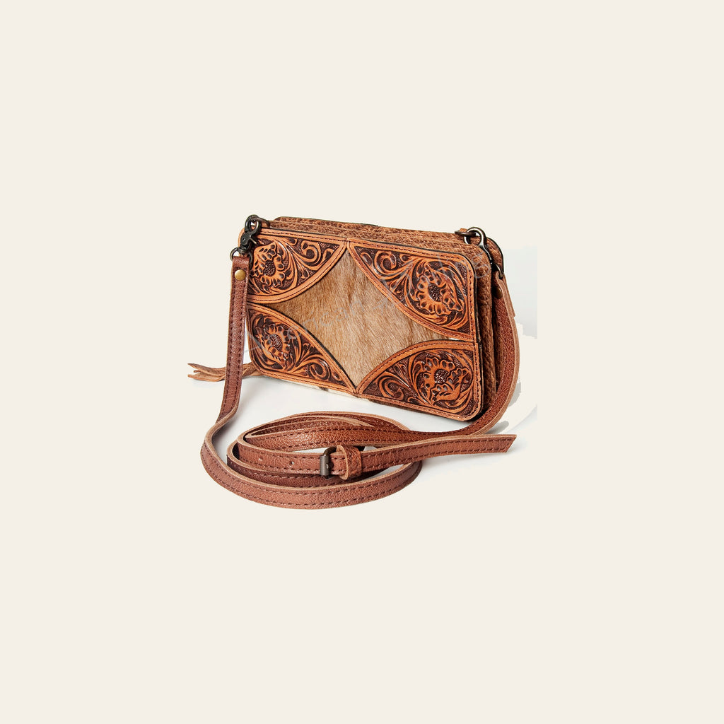 American Darling Wallet, Hand Tooled Floral Leather & Hair-On Cowhide, Genuine Full Grain Western Crossbody Wallet, 5x9x1.5in