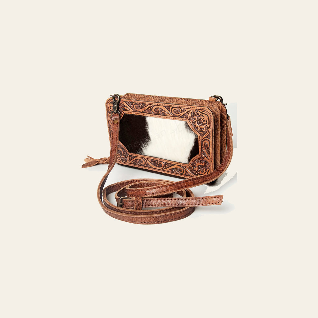 American Darling Wallet, Hand Tooled Floral Leather & Hair-On Cowhide, Genuine Full Grain Leather Western Clutch, 5x9x1.5in