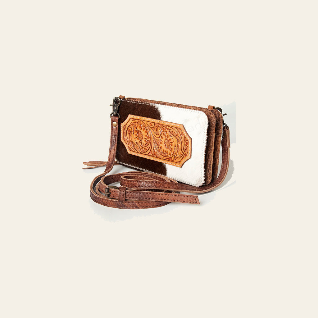 American Darling Small Cross body Bag, Hand Tooled Floral Leather & Hair-On Cowhide, Genuine Full Grain Western Purse