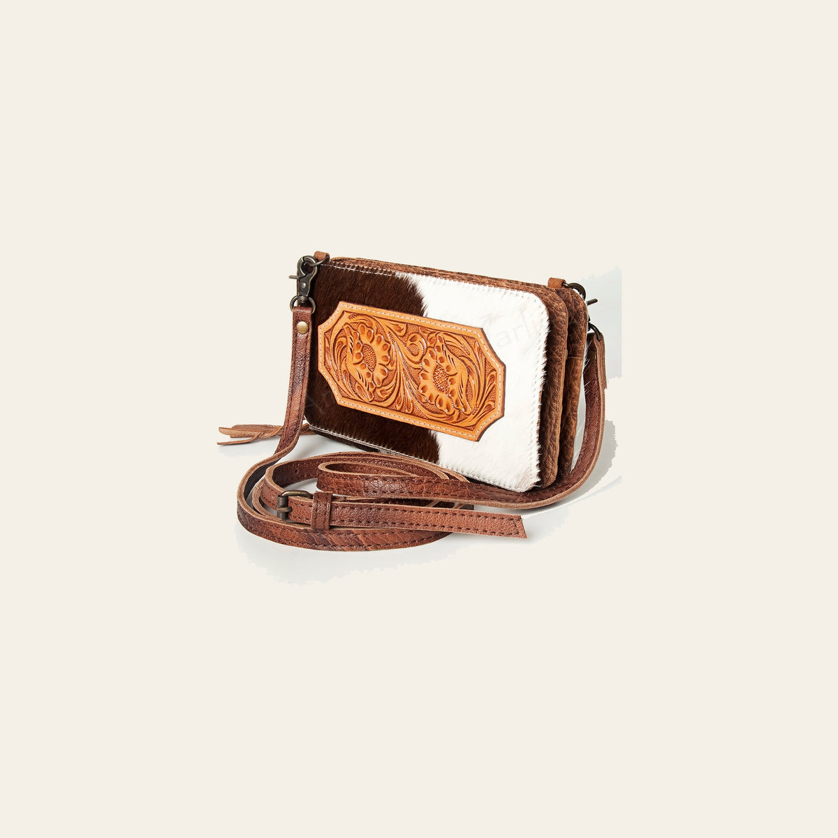 American Darling Small Cross body Bag, Hand Tooled Floral Leather & Hair-On Cowhide, Genuine Full Grain Western Purse