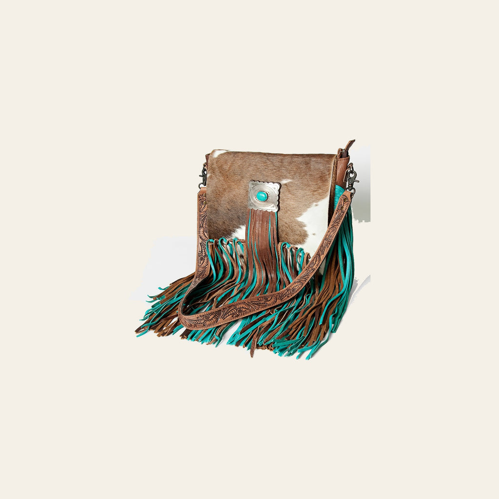 American Darling Messenger Bag Western Leather Hair-On Cowhide with Turquoise Concho Fringes Hand Tooled Strap 12x15