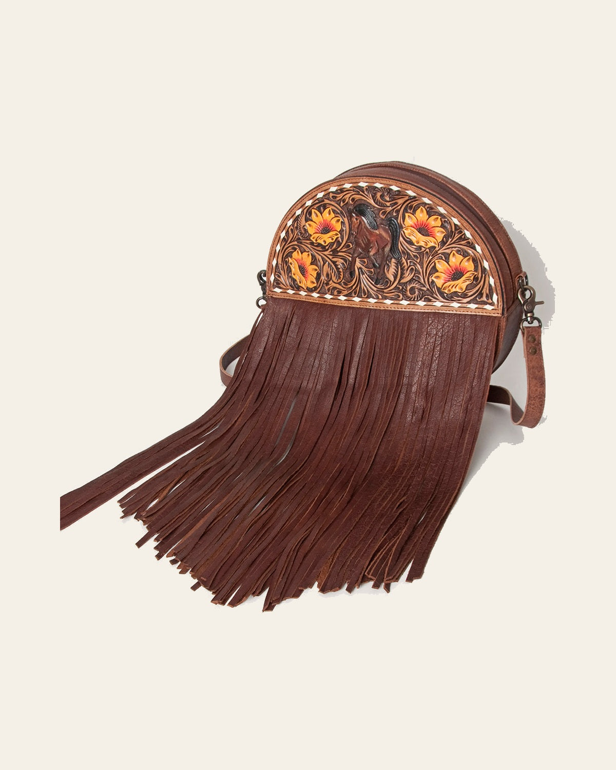 American Darling Canteen Bag for Women, Hand Tooled Floral Leather, Western Style Crossbody with Fringes, Genuine Leather