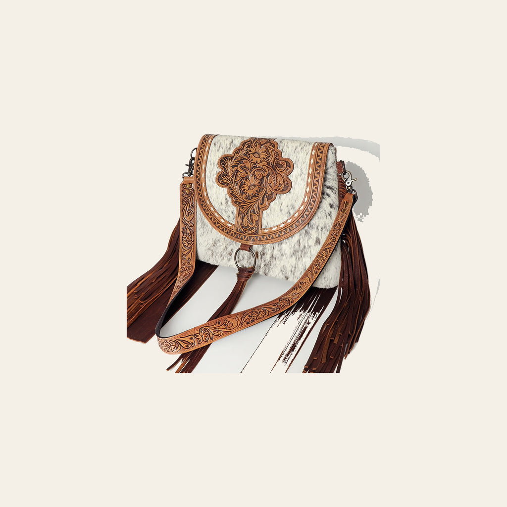 American Darling Messenger Bag for Women, Hand Tooled Floral Leather, Hair-On Cowhide with Fringes, Genuine Western Leather