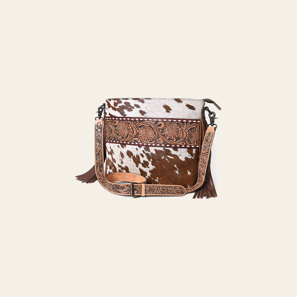 American Darling Small Cross body Bag for Women, Hand Tooled Floral Leather, Hair-On Cowhide with Fringes, Genuine Leather