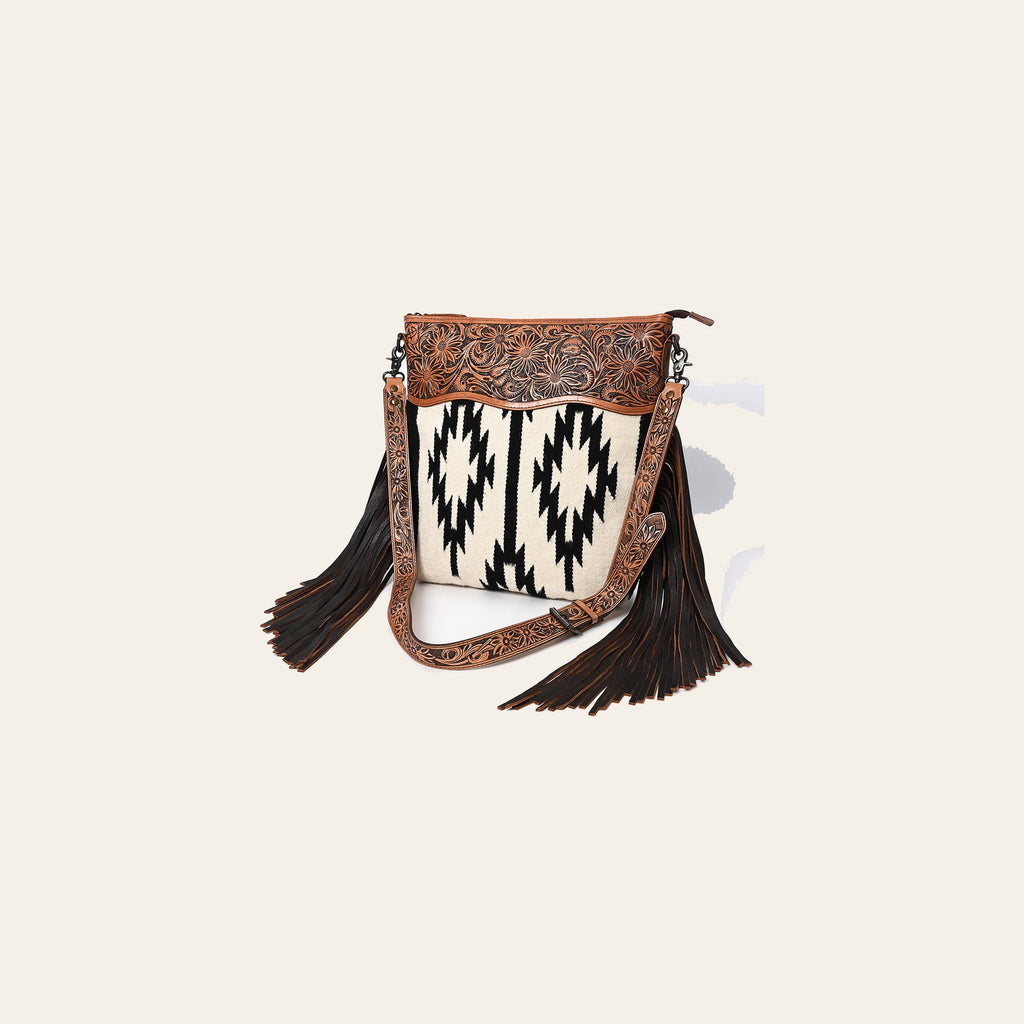 American Darling Signature Cross body Bag for Women, Hand Tooled Floral Leather & Woven Saddle Blanket, Western Fringed Purse