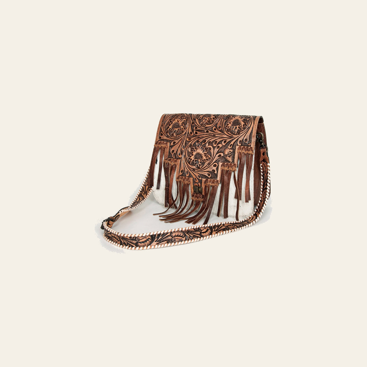 American Darling Messenger Bag Western Hand Tooled Floral Genuine Leather with Hair-On Cowhide Fringes & YKK Zipper for Women