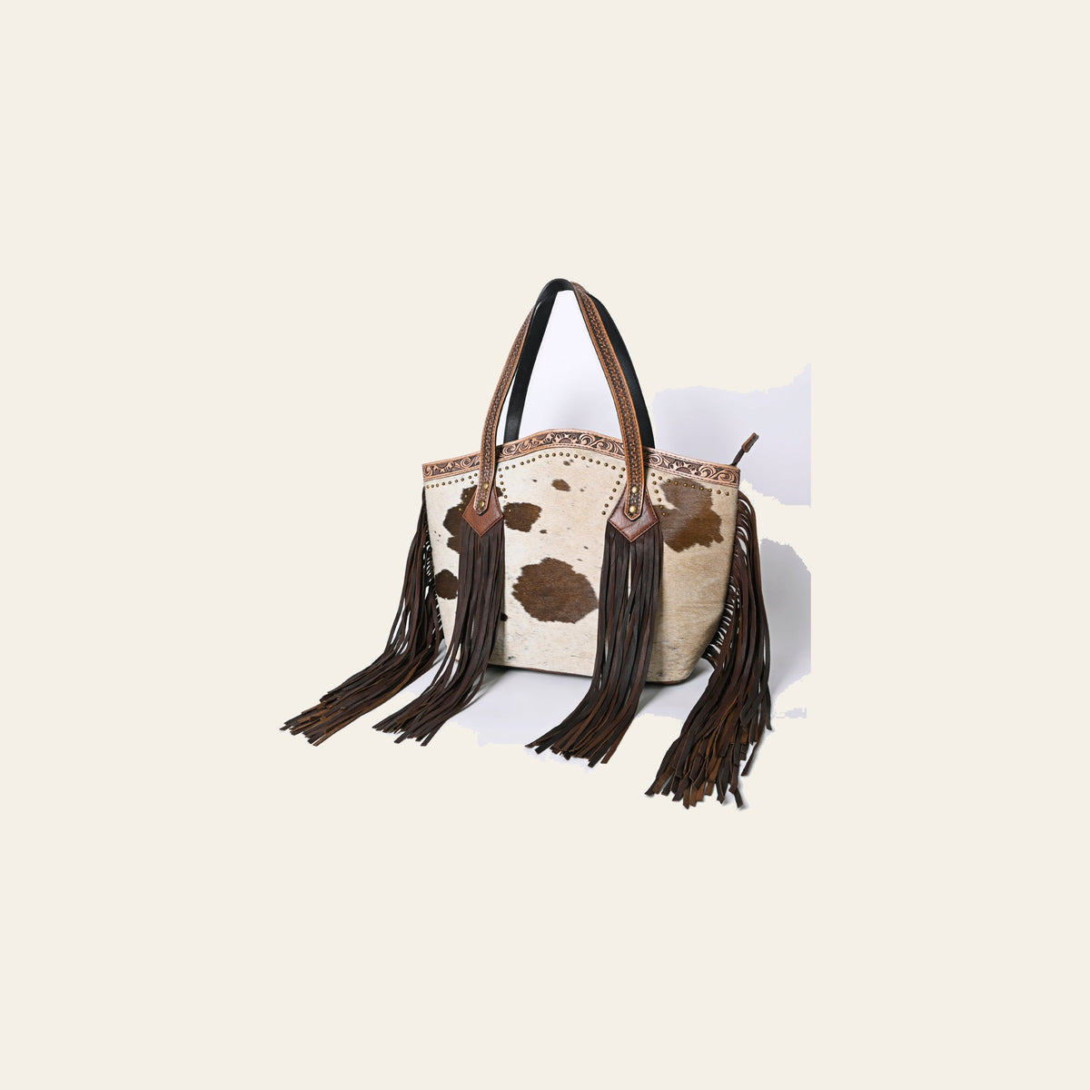 American Darling Western Leather Tote Bag, Hair-On Cowhide & Floral Tooled Accents, Genuine Leather Fringe Shoulder Bag for Women