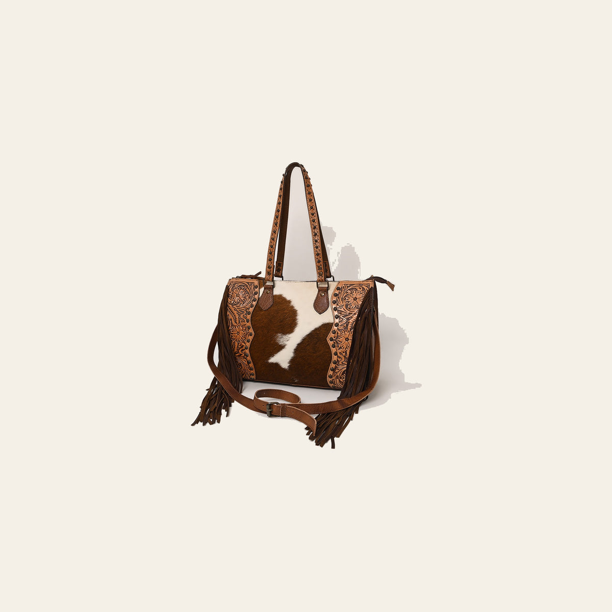 American Darling Tote Bag, Genuine Leather Western Purse with Hair-On Cowhide, Hand Tooled Floral Accents & Rivetted Detail