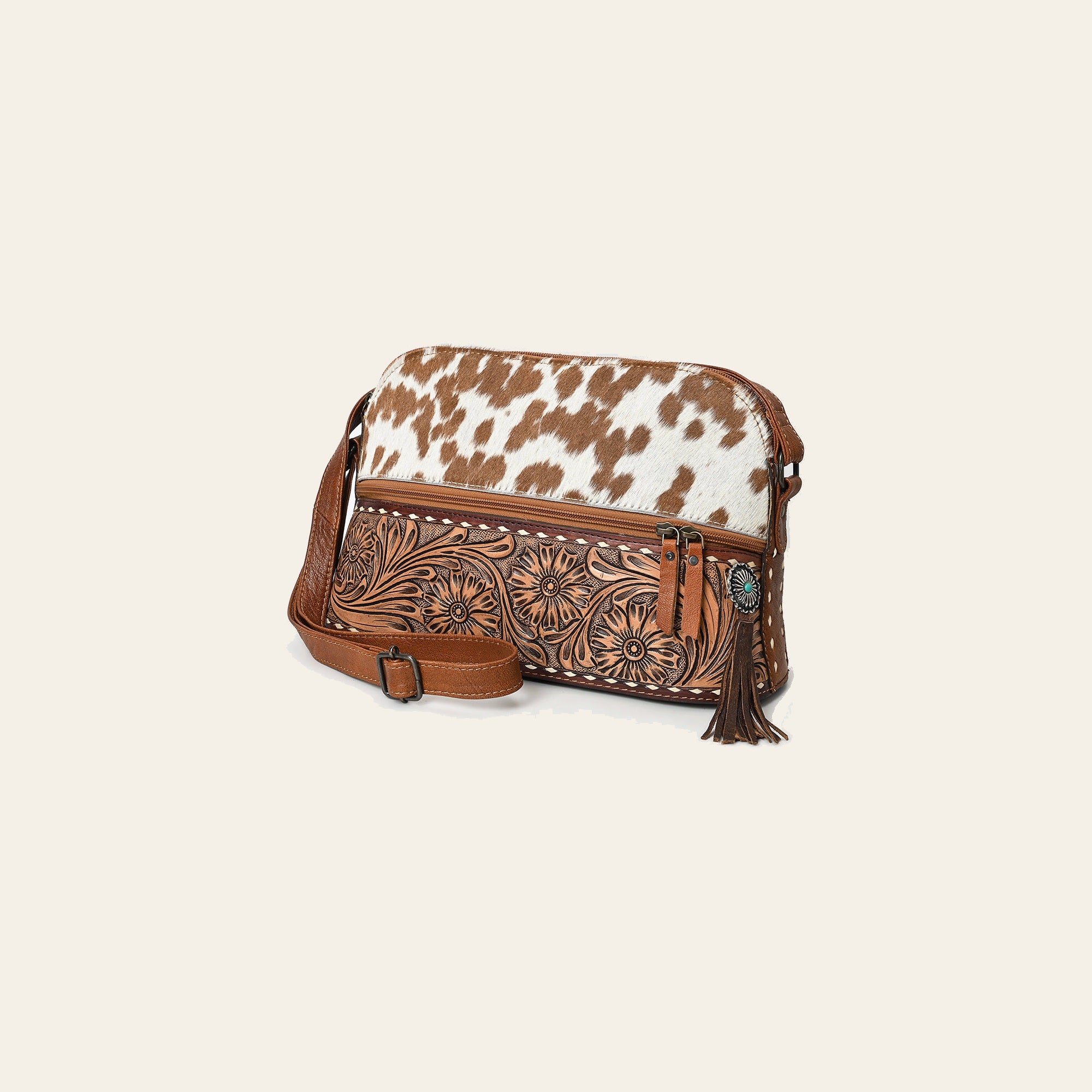 American Darling Cross body Bag, Genuine Leather Western Purse with Hair-On Cowhide, Hand Tooled Floral Accents & Tassels
