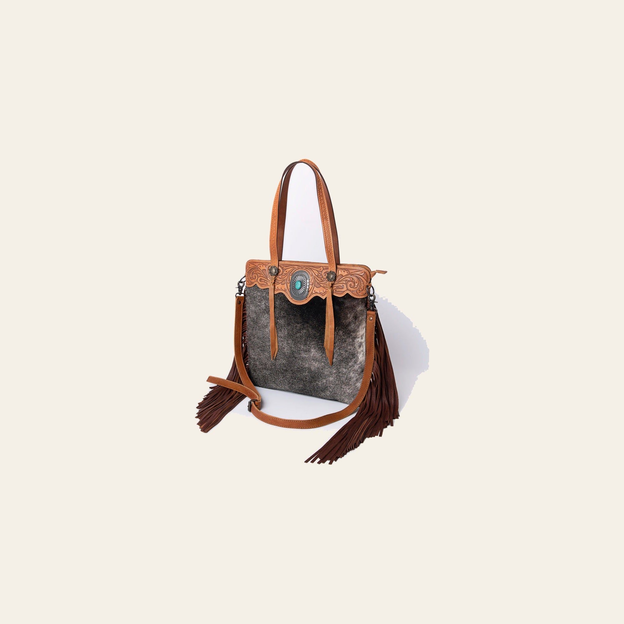 American Darling Tote Bag, Genuine Leather Western Purse with Hair-On Cowhide, Hand Tooled Floral & Turquoise Concho