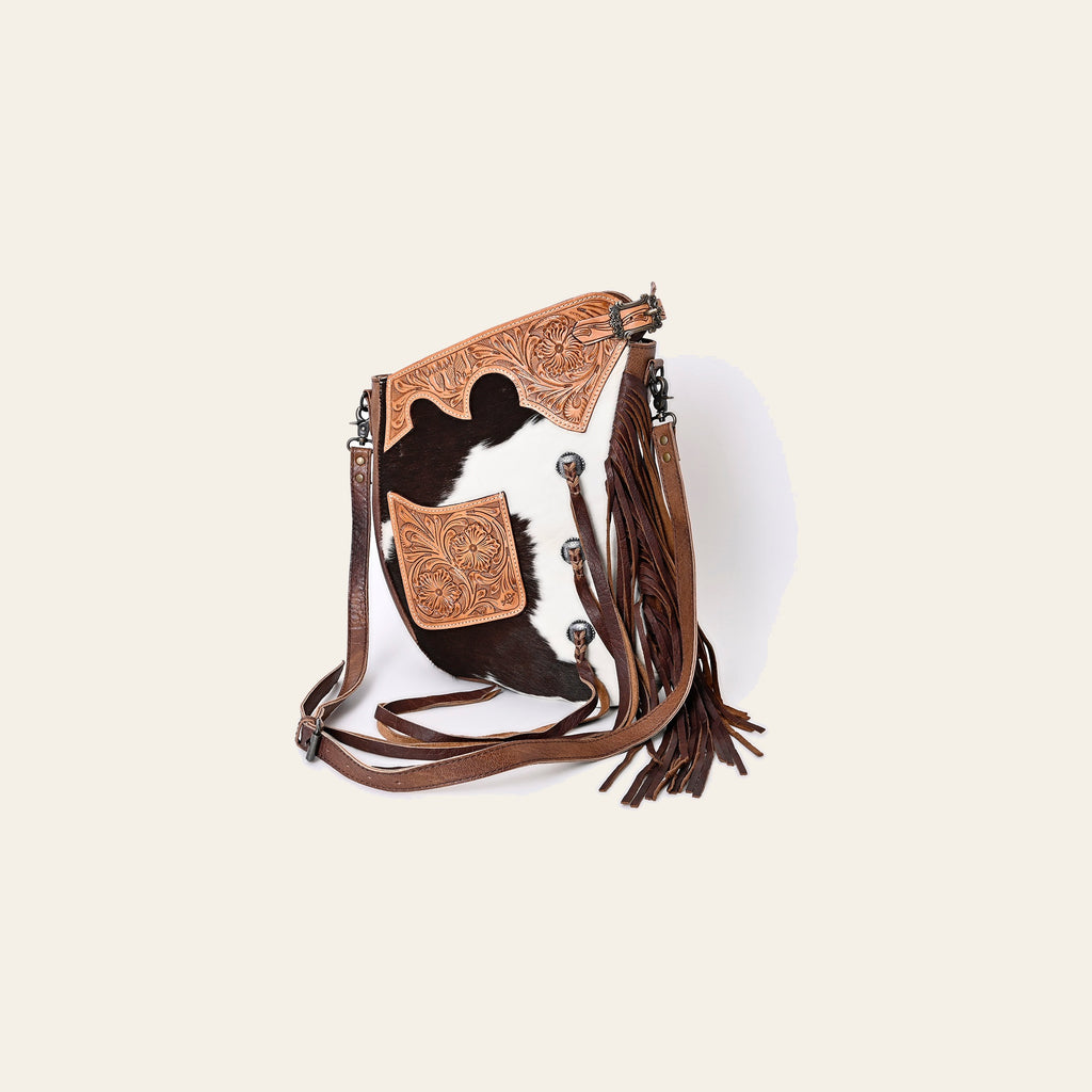 American Darling Large Cross body Bag, Genuine Leather Western Purse with Hair-On Cowhide, Hand Tooled Floral Detail & Fringe