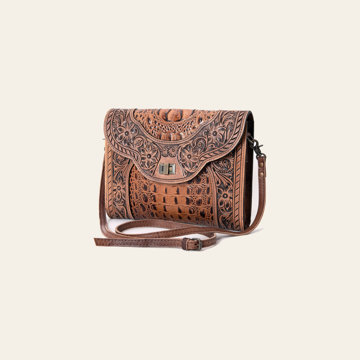 American Darling Small Cross body Bag, Crocodile Embossed Genuine Leather, Eco-Friendly Vegetable Tanned Western Purse