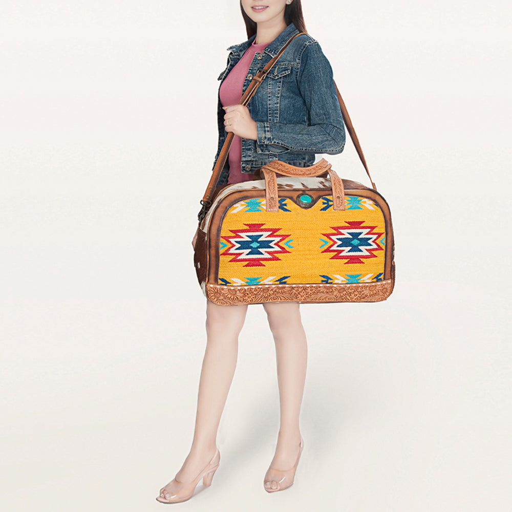 American Darling Duffel Bag, Hand Tooled Floral Leather & Woven Saddle Blanket, Genuine Leather Travel Weekender with Cowhide
