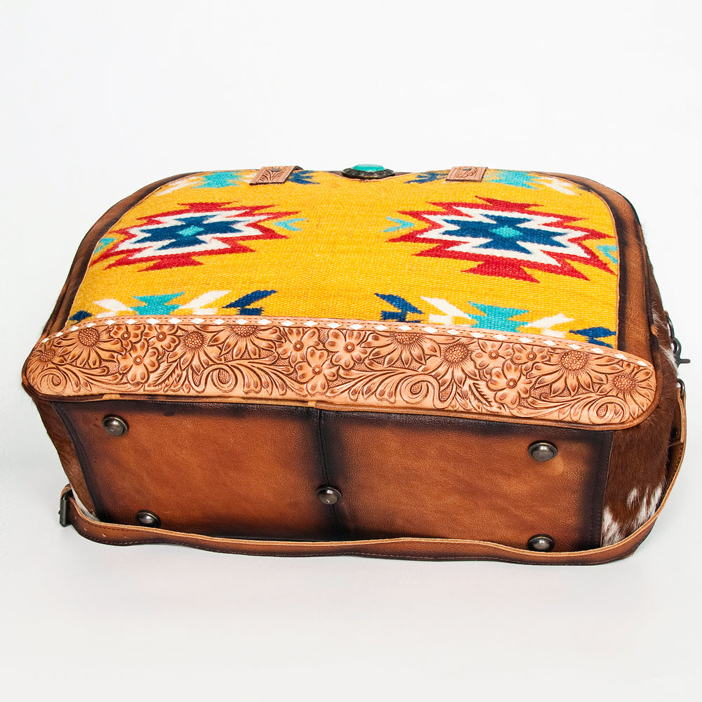 American Darling Duffel Bag, Hand Tooled Floral Leather & Woven Saddle Blanket, Genuine Leather Travel Weekender with Cowhide