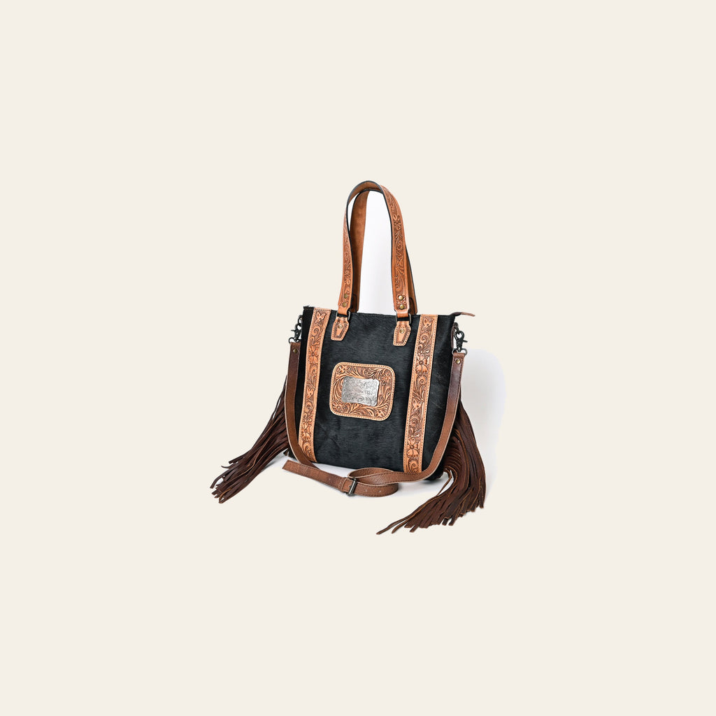 American Darling Tote Bag Genuine Leather Hand Tooled Floral Western Purse with Hair-On Cowhide Fringes and YKK Zipper