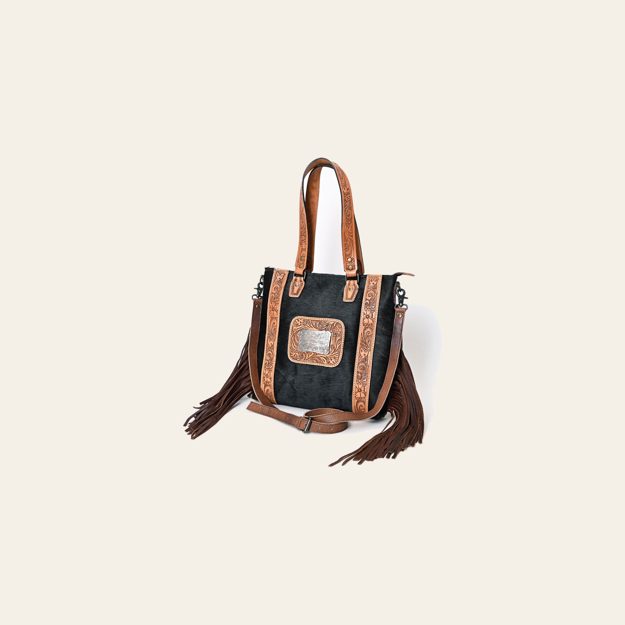 American Darling Tote Bag Genuine Leather Hand Tooled Floral Western Purse with Hair-On Cowhide Fringes and YKK Zipper