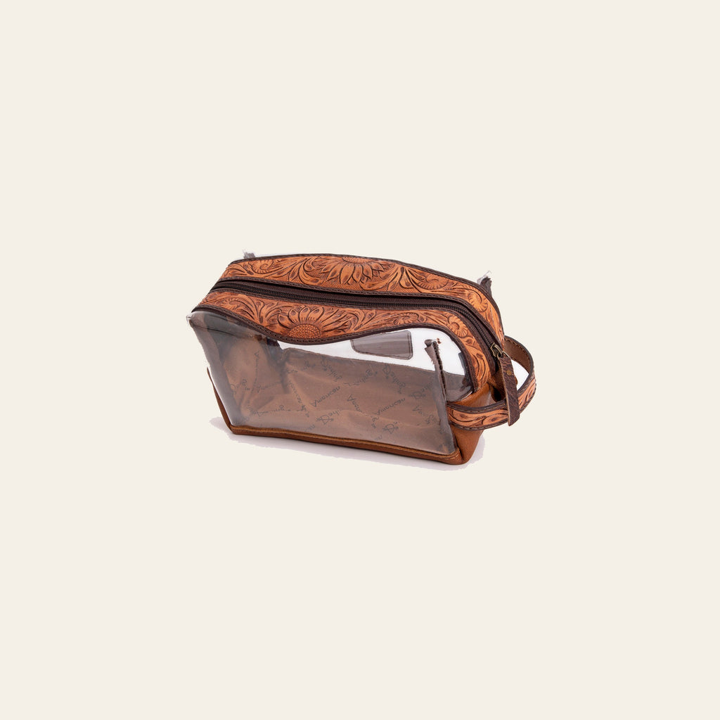 American Darling Toiletry Clear Bag Genuine Leather Hand Tooled Floral Western Purse with YKK Zipper for Women