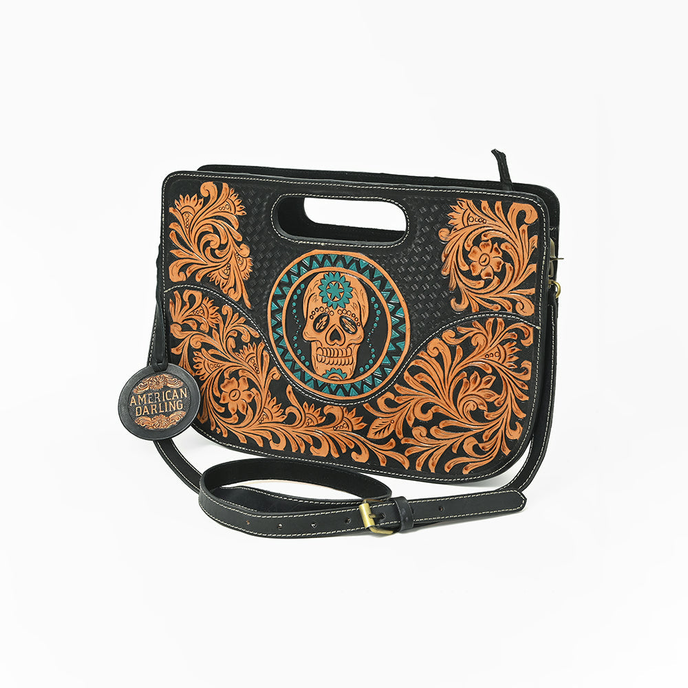 American Darling Hand-Tooled Western Skull Leather Crossbody Bag with Cutout Handle