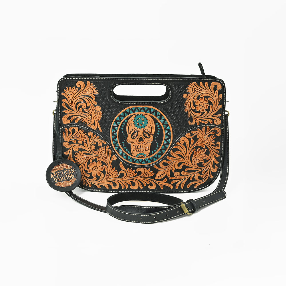American Darling Hand-Tooled Western Skull Leather Crossbody Bag with Cutout Handle
