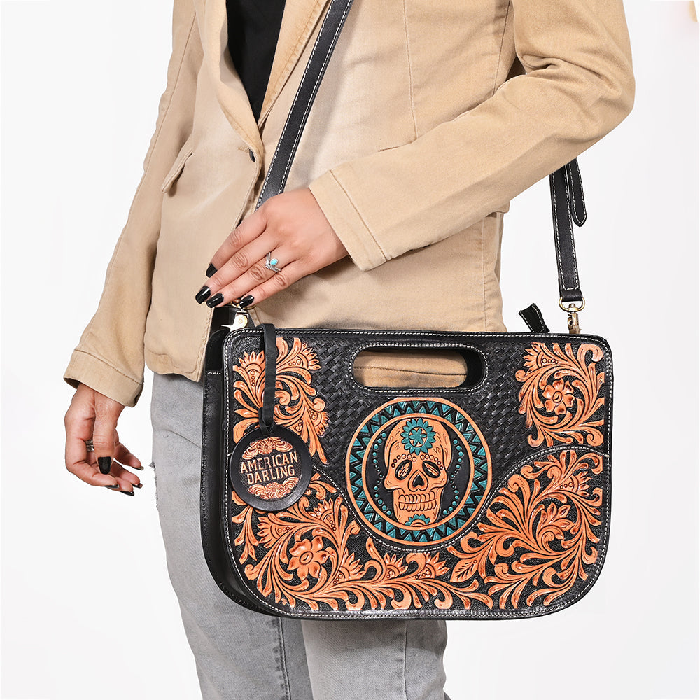 American Darling Hand-Tooled Western Skull Leather Crossbody Bag with Cutout Handle