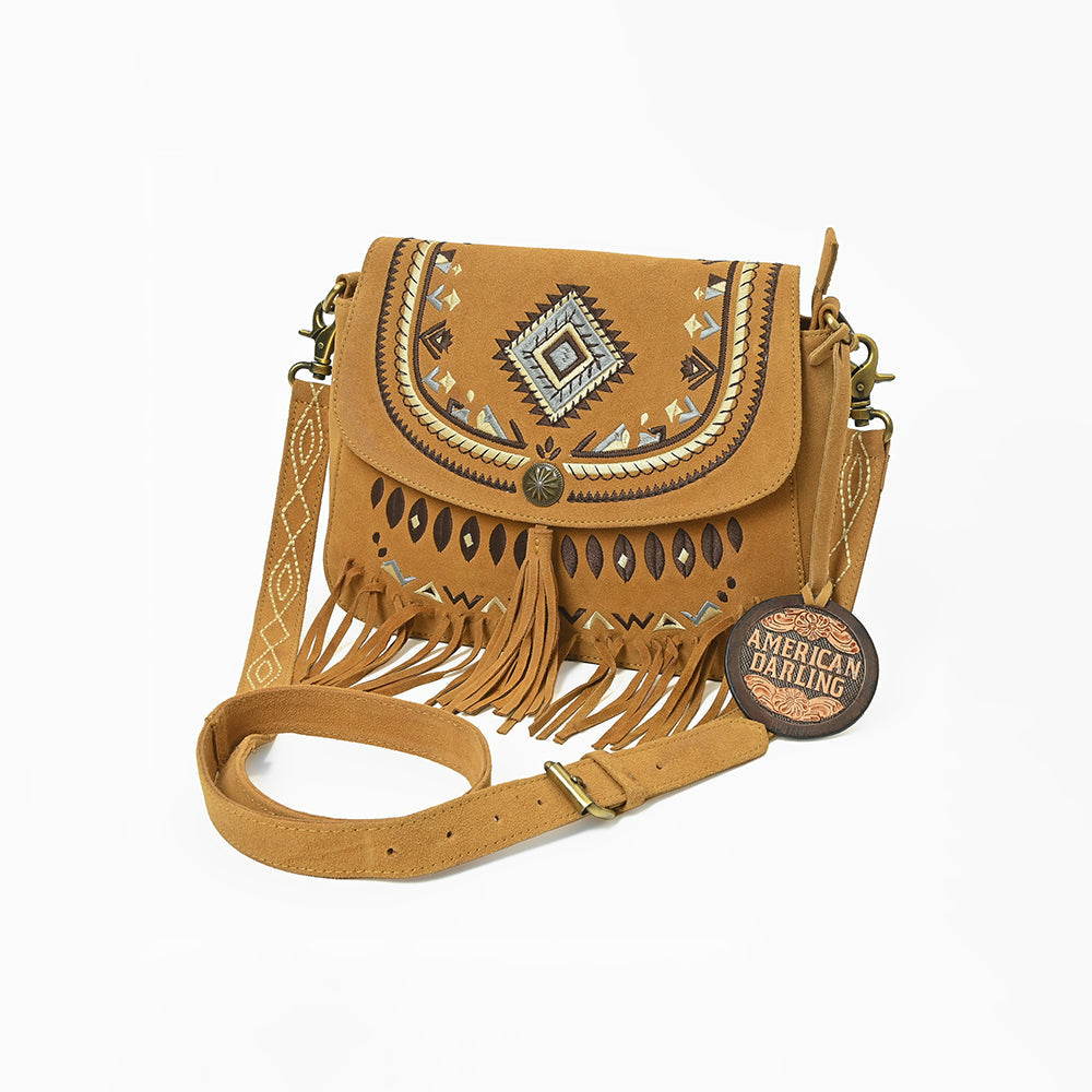 American Darling Boho Western Suede Crossbody Bag with Fringe & Geometric Embroidery