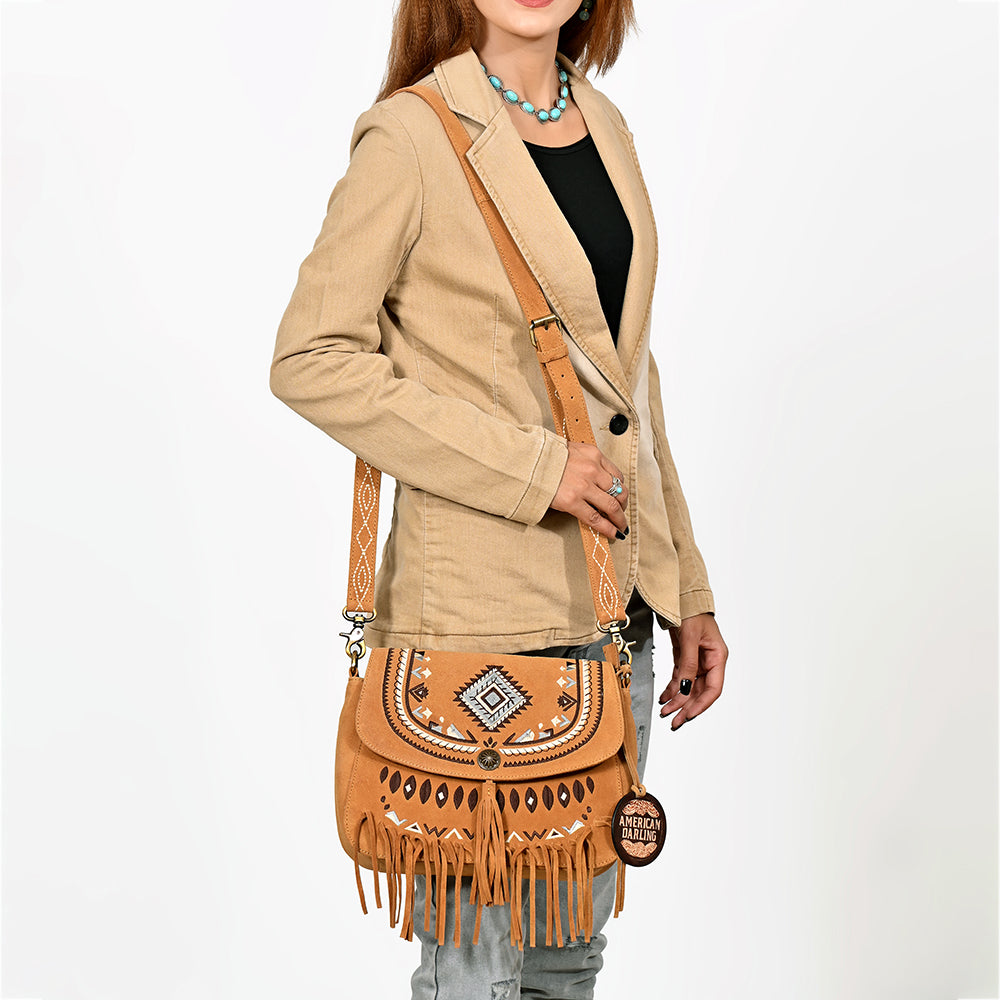 American Darling Boho Western Suede Crossbody Bag with Fringe & Geometric Embroidery