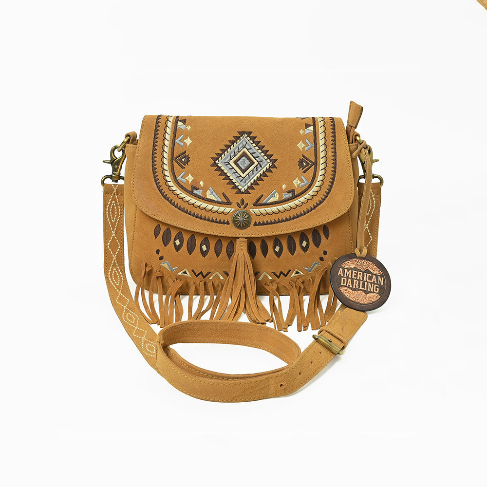 American Darling Boho Western Suede Crossbody Bag with Fringe & Geometric Embroidery