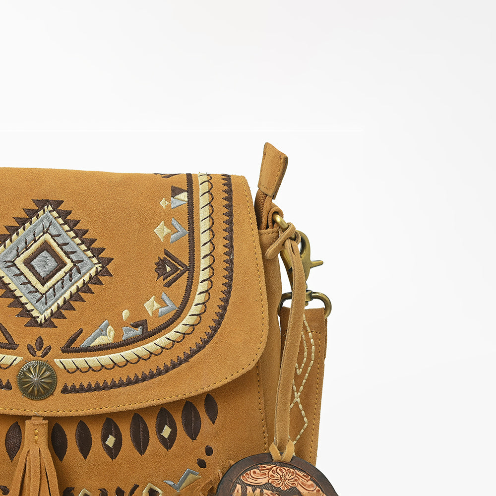 American Darling Boho Western Suede Crossbody Bag with Fringe & Geometric Embroidery