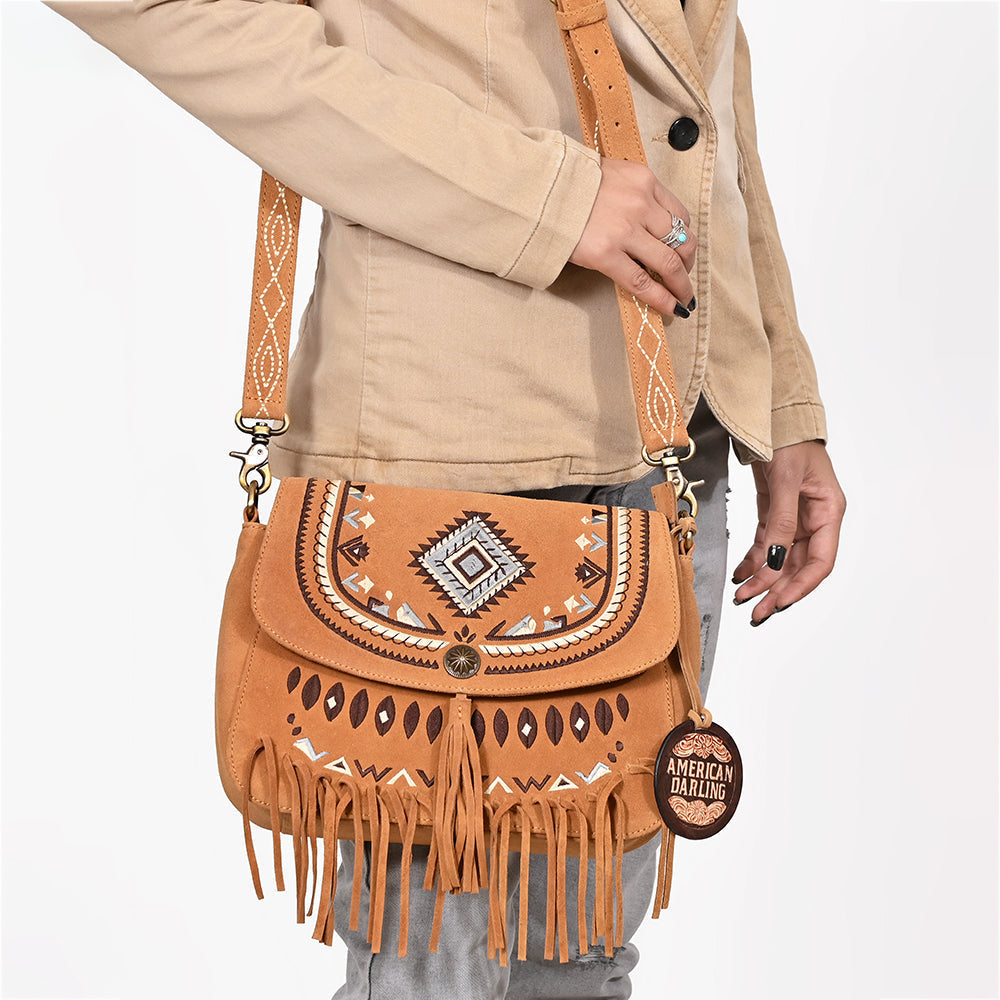 American Darling Boho Western Suede Crossbody Bag with Fringe & Geometric Embroidery