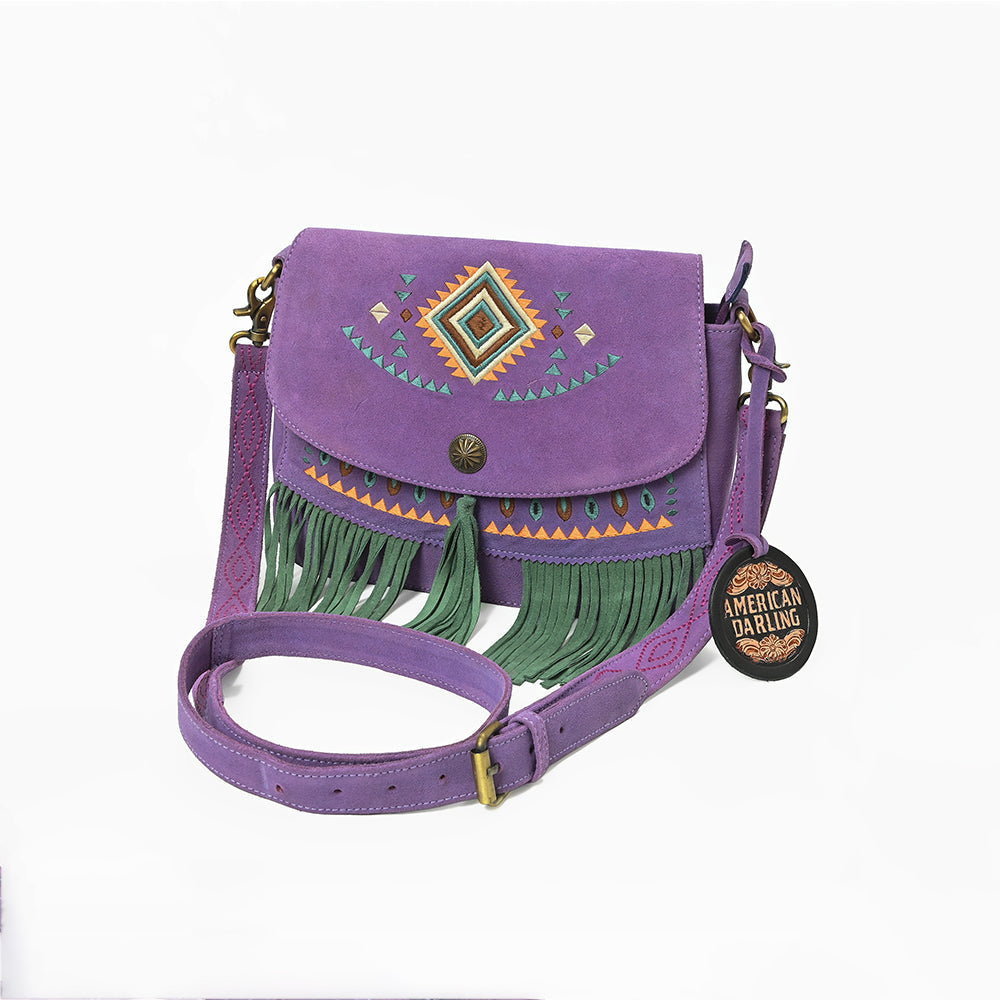 American Darling Boho Western Suede Crossbody Bag with Fringe & Geometric Embroidery