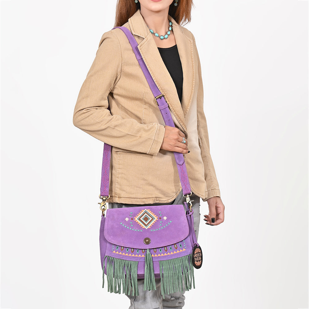 American Darling Boho Western Suede Crossbody Bag with Fringe & Geometric Embroidery