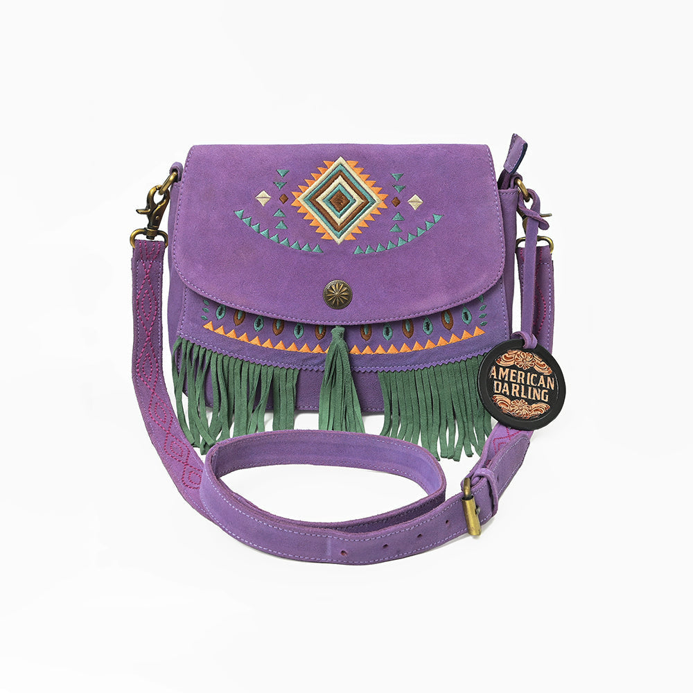 American Darling Boho Western Suede Crossbody Bag with Fringe & Geometric Embroidery