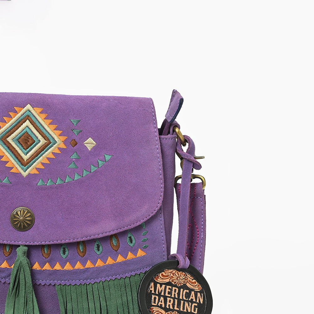 American Darling Boho Western Suede Crossbody Bag with Fringe & Geometric Embroidery