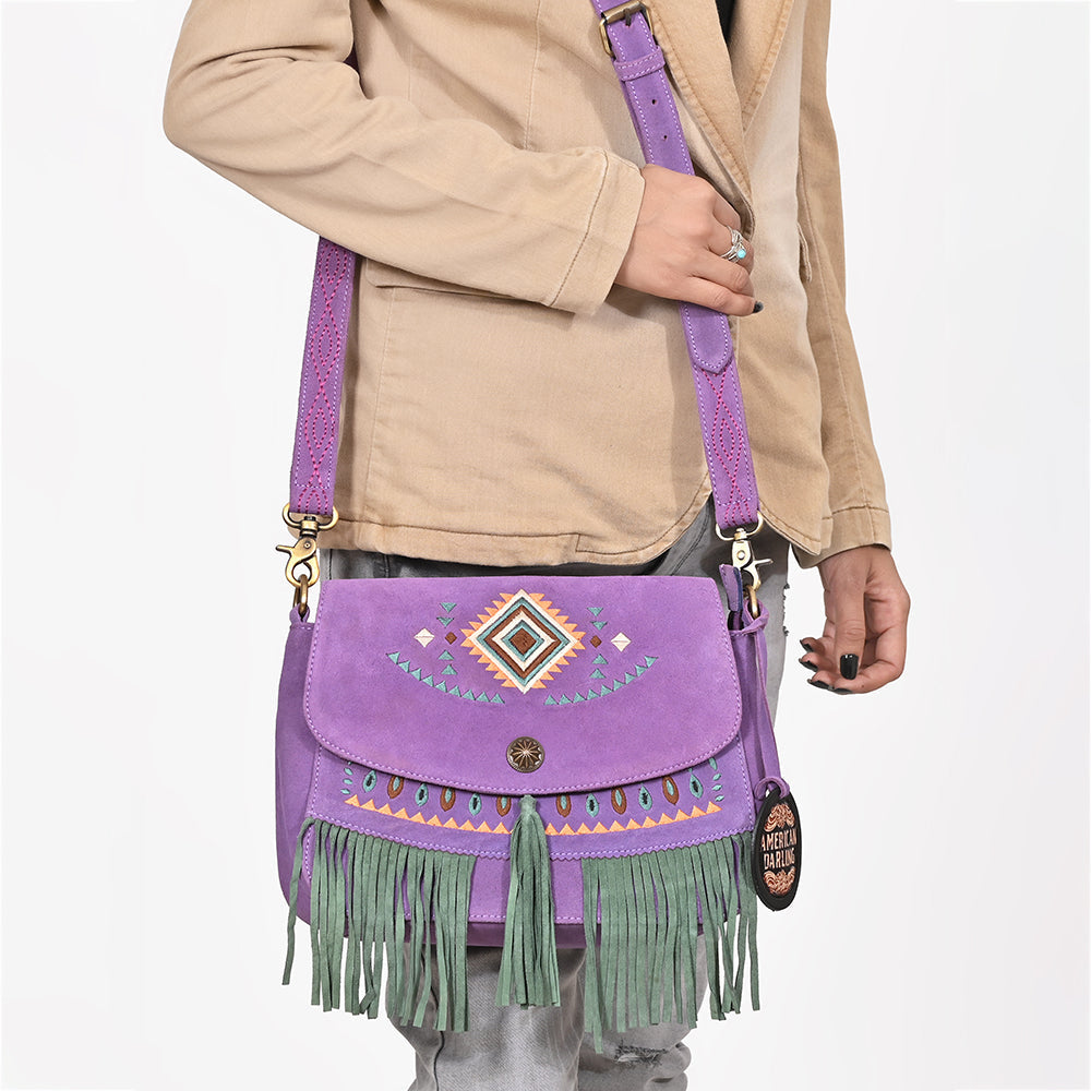 American Darling Boho Western Suede Crossbody Bag with Fringe & Geometric Embroidery