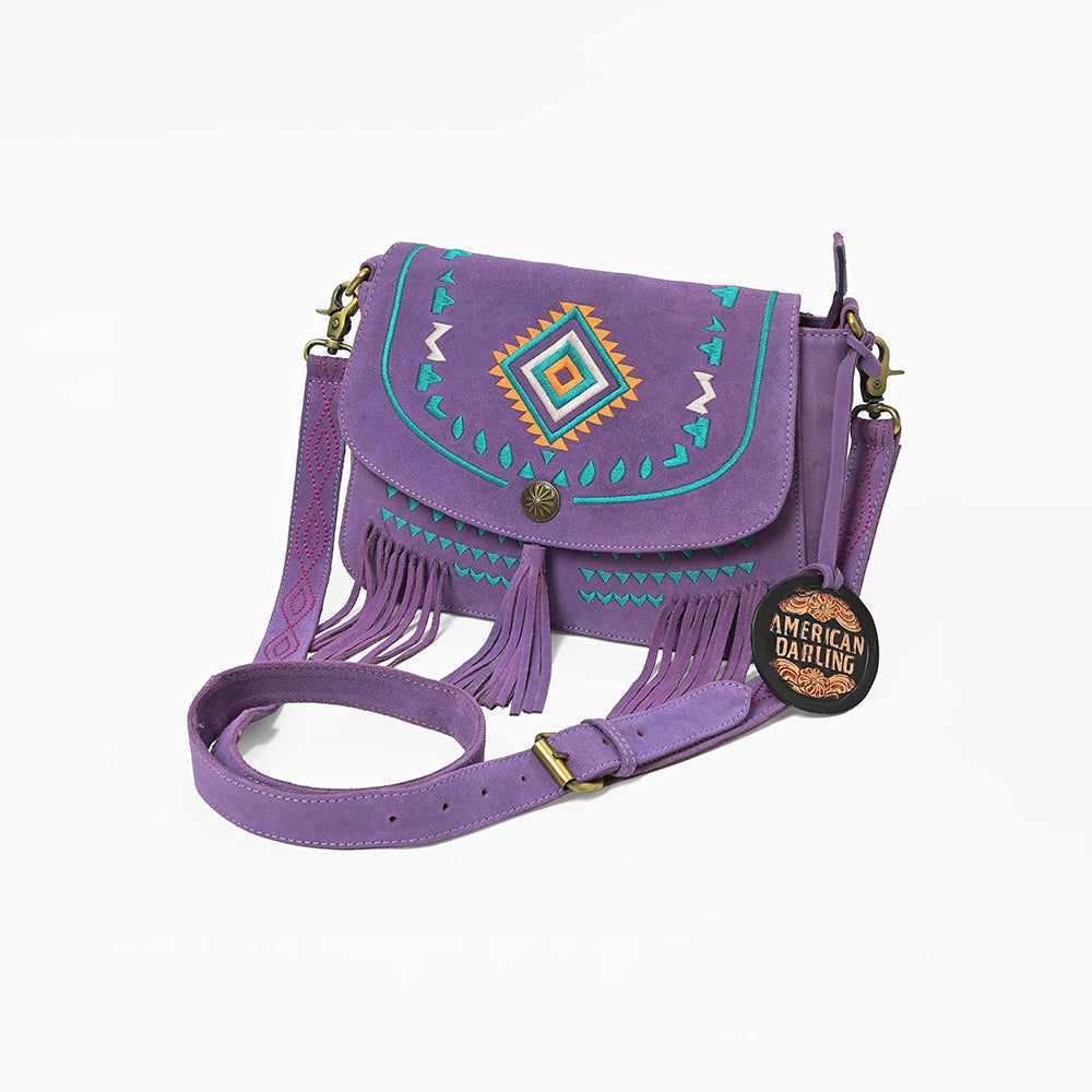 American Darling Boho Western Suede Crossbody Bag with Fringe & Geometric Embroidery