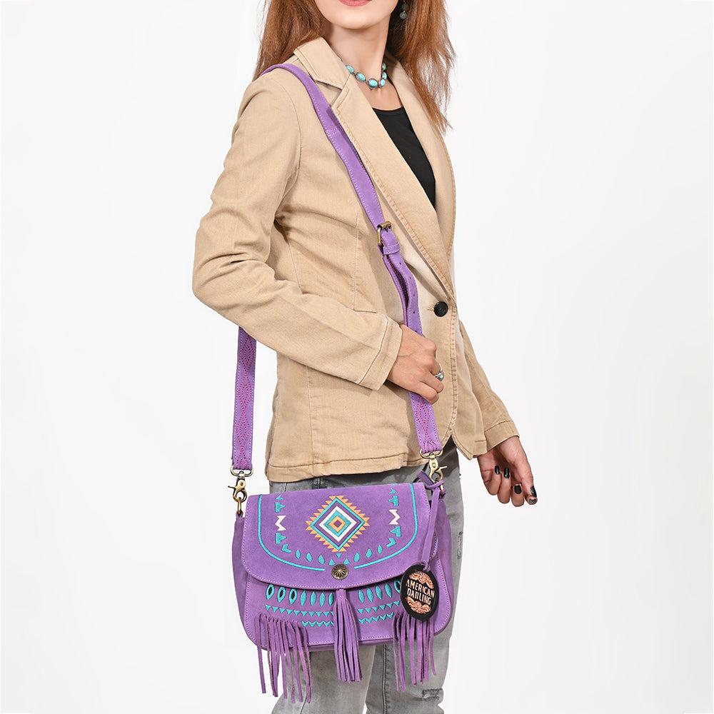 American Darling Boho Western Suede Crossbody Bag with Fringe & Geometric Embroidery