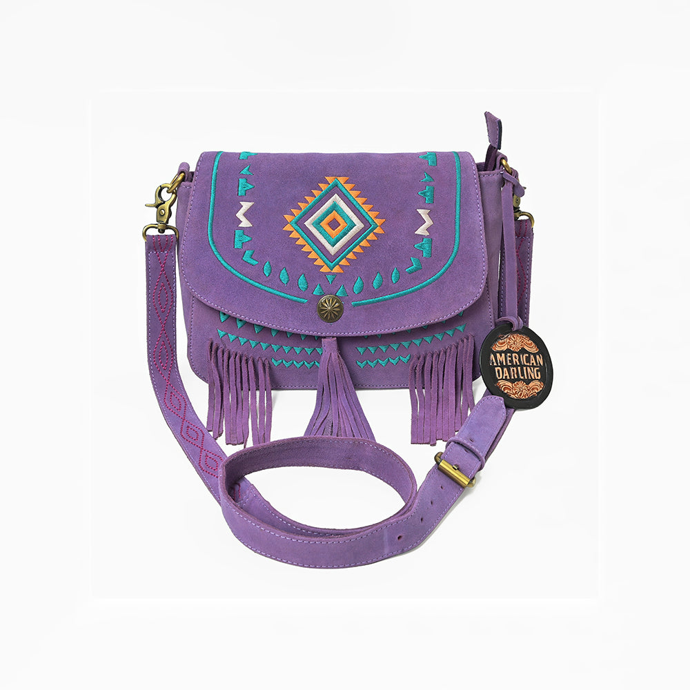 American Darling Boho Western Suede Crossbody Bag with Fringe & Geometric Embroidery
