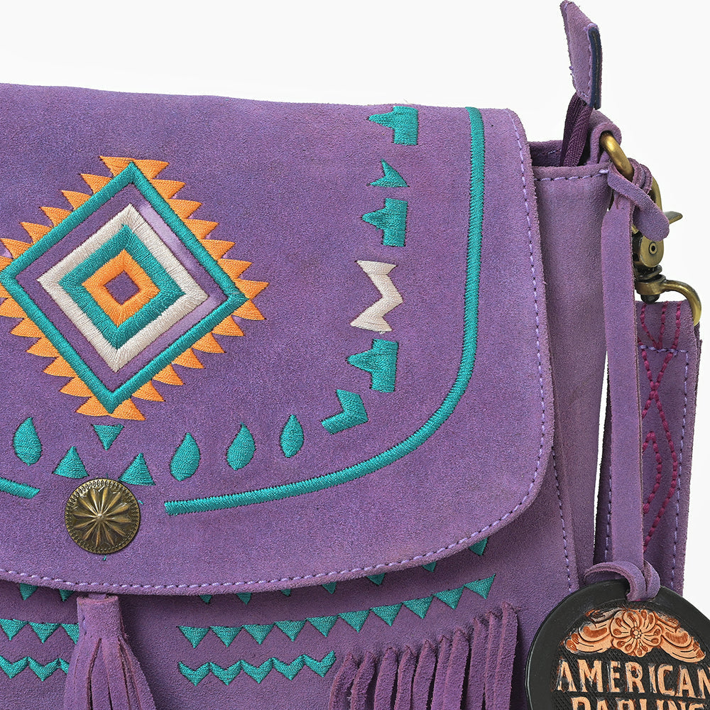American Darling Boho Western Suede Crossbody Bag with Fringe & Geometric Embroidery