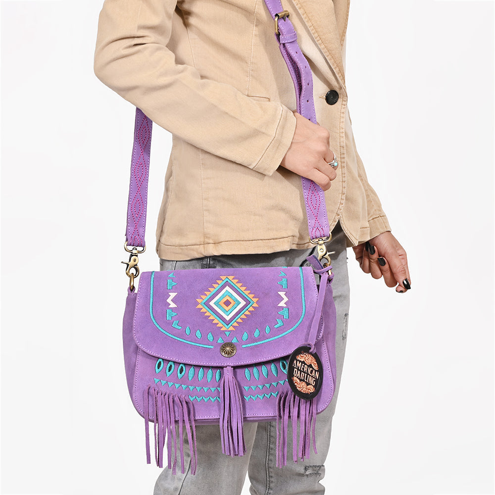 American Darling Boho Western Suede Crossbody Bag with Fringe & Geometric Embroidery